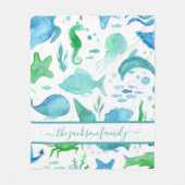 Couverture Polaire Bleu vert mer océan dauphin blanc monogramme (Devant)