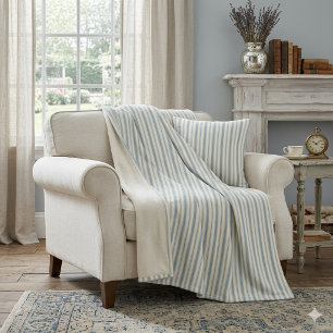 Couverture Polaire Bleu vintage et rayures crème, style campagne fran