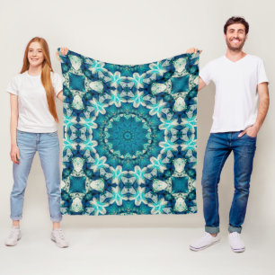 Couverture Polaire Blue Aqua Mandala Rosette Retro Hippie