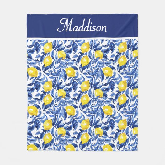 Couverture Polaire Blue French Country Lemon Pattern Monogram Name (Devant)