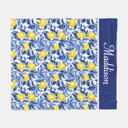 Couverture Polaire Blue French Country Lemon Pattern Monogram Name (Devant (Horizontal))