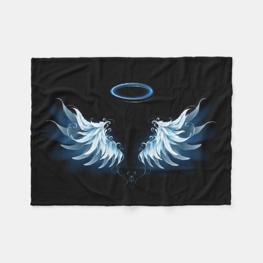 Couverture Polaire Blue Glowing Angel Wings on black background (Devant (Horizontal))