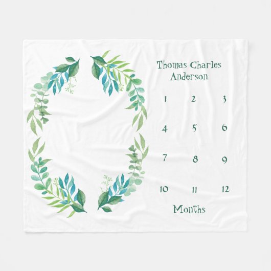 Couverture Polaire Blue Green Floral Feuilles bébé Milestone Garçon b (Devant (Horizontal))