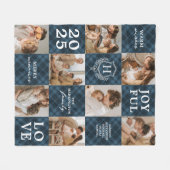 Couverture Polaire Blue Plaid Family Monogram 8 Photo Christmas (Devant (Horizontal))