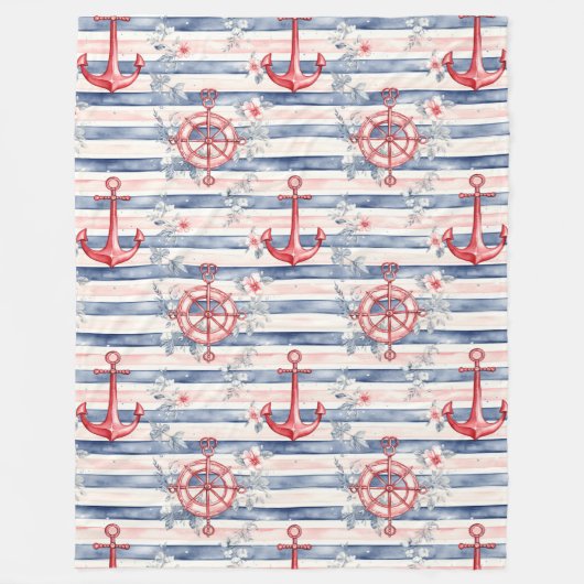 Couverture Polaire Blue Red Anchors Floral Stripes Beach  (Devant)