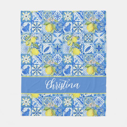 Couverture Polaire Blue Tile French Country Lemon Pattern Monogram (Devant)