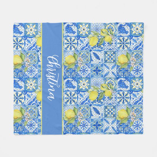 Couverture Polaire Blue Tile French Country Lemon Pattern Monogram (Devant (Horizontal))