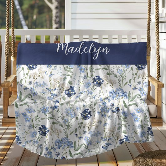 Couverture Polaire Blue Watercolor Wildflower Monogram Name