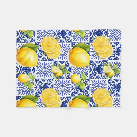 Couverture Polaire Blue White Lemon Tile Pattern Mediterranean Citrus (Devant (Horizontal))