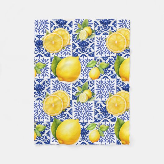 Couverture Polaire Blue White Lemon Tile Pattern Mediterranean Citrus (Devant)