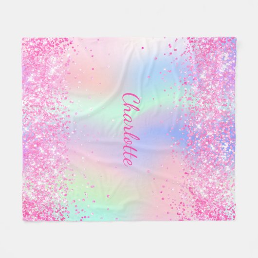 Couverture Polaire Blush rose parties scintillant nom script holograp (Devant (Horizontal))
