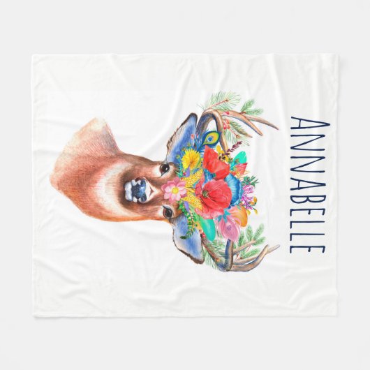Couverture Polaire Bohème Aquarelle Florale Cerf & Nom (Devant (Horizontal))
