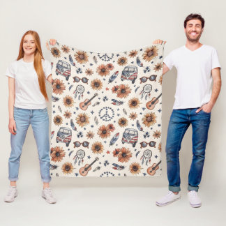 Couverture Polaire Boho Americana Festival Sunflowers VW Bus 4th of J