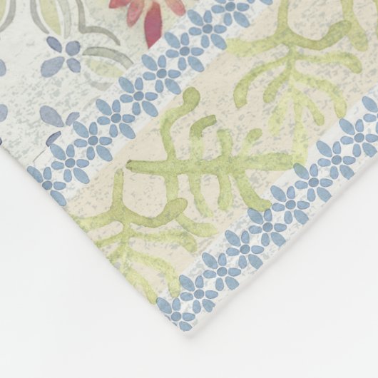Couverture Polaire BOHO Aquarelle Florale Patchwork Motif Bleu Tan (Coin)