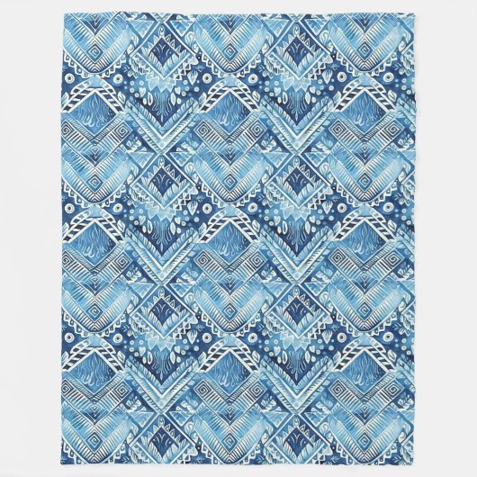 Couverture Polaire Boho Bleu Blanc Floral Cœurs Abstrait (Devant)