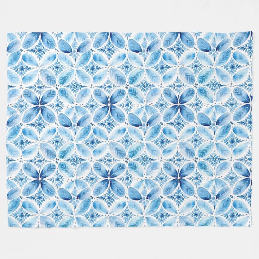 Couverture Polaire Boho Blue Blanc Floral Abstrait (Devant (Horizontal))