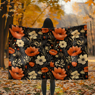 Couverture Polaire Boho Cottagecore Orange et crème Automne Floral