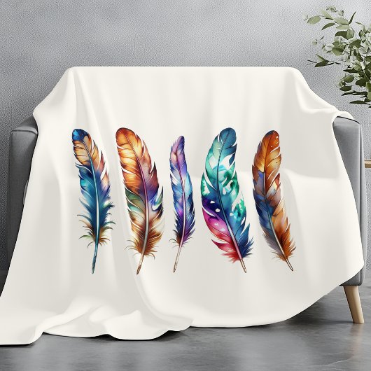 Couverture Polaire Boho Feather Art Cozy Cream Graphic Feather Print