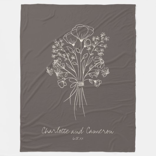 Couverture Polaire Boho Flower Line Art Drawing Personalized Brown (Devant)