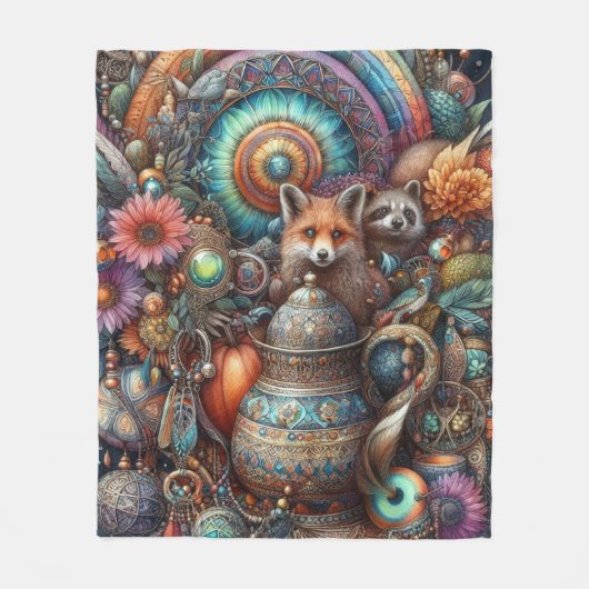 Couverture Polaire Boho Fox Raccoon Floral Design (Devant)