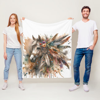 Couverture Polaire Boho Horse with feathers