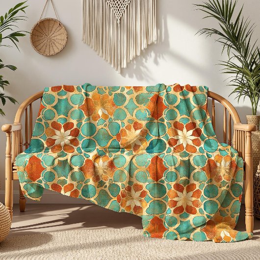 Couverture Polaire Boho Marocain Turquoise et Terracotta Floral