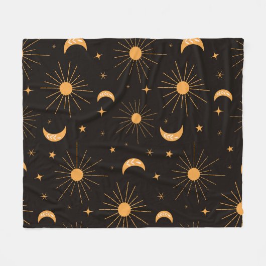 Couverture Polaire Boho orange soleil et motif de lune (Devant (Horizontal))