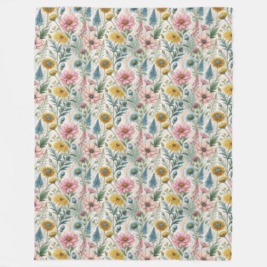 Couverture Polaire Boho Pastel rose jaune Fleur sauvage charme (Devant)