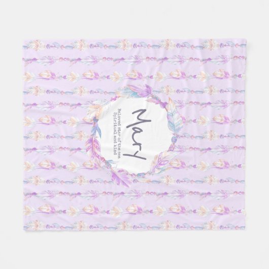 Couverture Polaire Boho plumes et perles nom pourpre signifiant (Devant (Horizontal))