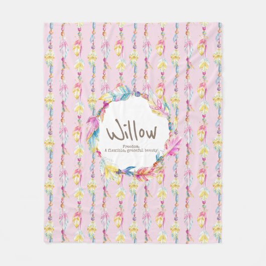 Couverture Polaire Boho plumes et perles nom rose signifiant (Devant)