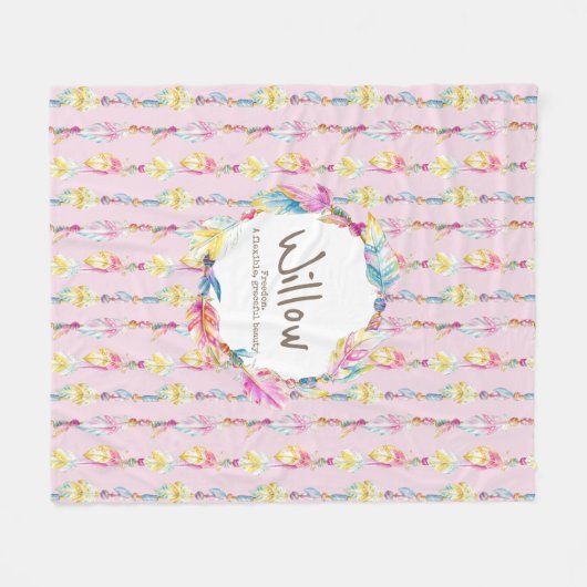 Couverture Polaire Boho plumes et perles nom rose signifiant (Devant (Horizontal))