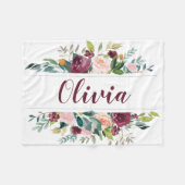 Couverture Polaire Boho rouge foncé fleurs d'aquarelle personnalisée (Devant (Horizontal))