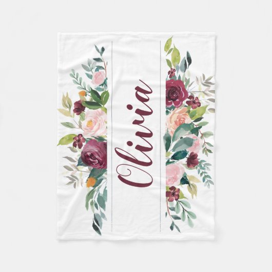 Couverture Polaire Boho rouge foncé fleurs d'aquarelle personnalisée (Devant)