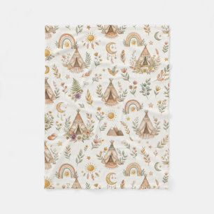 Couverture Polaire Boho Teepee et bébé neutre sous la forêt arc-en-ci