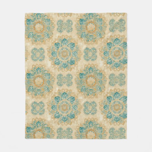 Couverture Polaire Boho Turquoise et Sable Beige Mandala (Devant)