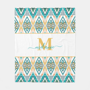 Couverture Polaire Boho Turquoise Mustard Ethnique Monogramme Abstrai
