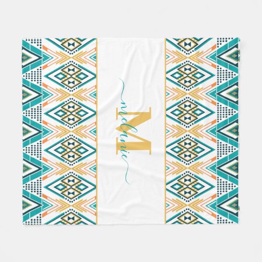 Couverture Polaire Boho Turquoise Mustard Ethnique Monogramme Abstrai (Devant (Horizontal))