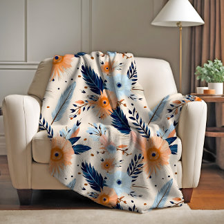 Couverture Polaire Boho Vintage Motif de plumes florales