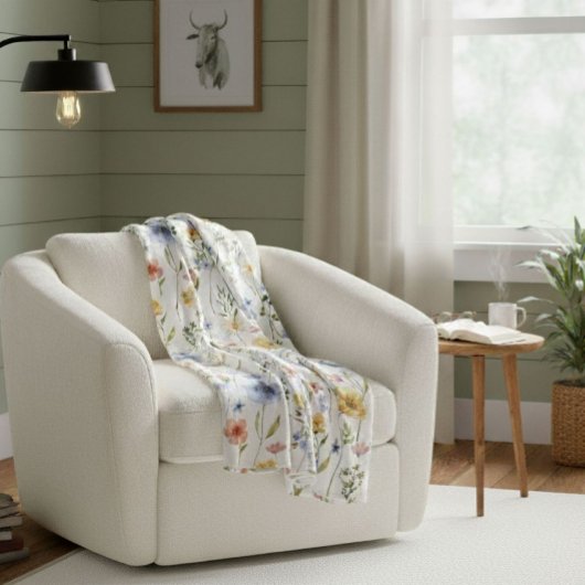 Couverture Polaire Boho Watercolor Blue Yellow Pink Wildflower