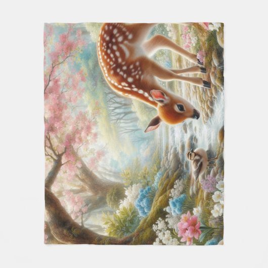 Couverture Polaire Bois de printemps avec canard et faon/cerf (Devant)