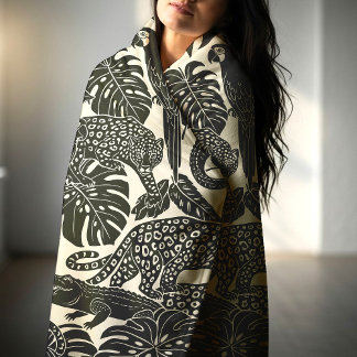 Couverture Polaire Bold Black and Cream Tropical Jungle Animals