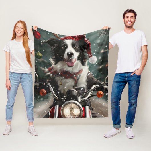 Couverture Polaire Border Collie à moto Noël (En situation)
