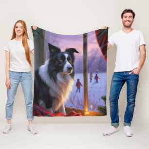 Couverture Polaire Border Collie avec lumières de Noël Holiday
