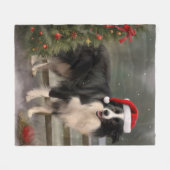 Couverture Polaire Bordure Collie Chien dans neige Noël (Devant (Horizontal))