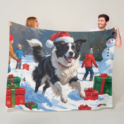 Couverture Polaire Bordure Collie Noël Festive Scène de neige (En situation)