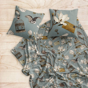 Couverture Polaire Bosquet de magnolias avec des hiboux en bleu œuf d
