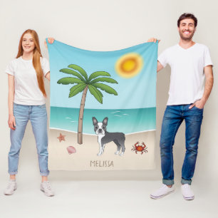 Couverture Polaire Boston Terrier Bleu sur une Plage Tropicale d'Été