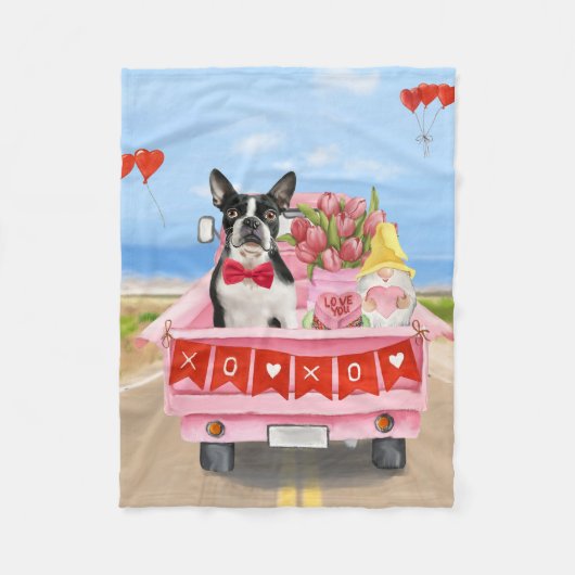 Couverture Polaire Boston Terrier Chien Valentine's Day Truck Hearts (Devant)