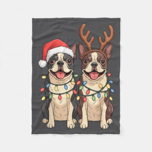 Couverture Polaire Boston Terrier Christmas Santa Hat Reindeer Lights (Devant)