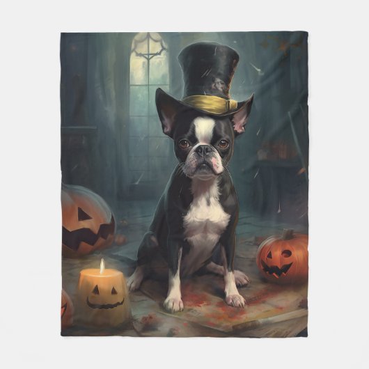 Couverture Polaire Boston Terrier Citrouille Halloween effroi (Devant)